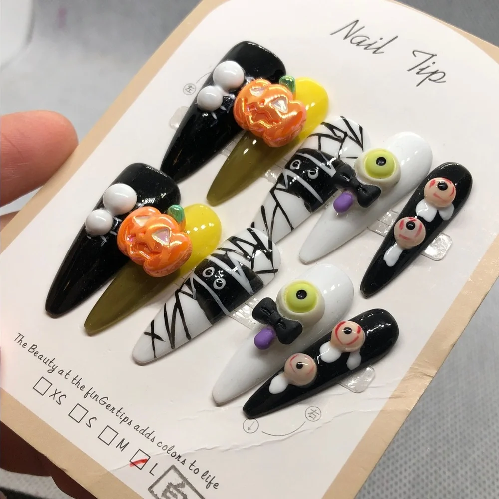 Size L Halloween Kids Nail Tips - Pumpkin & Eyeball Design, Black White Yellow